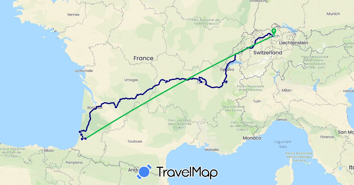 TravelMap itinerary: driving, bus in Switzerland, France (Europe)